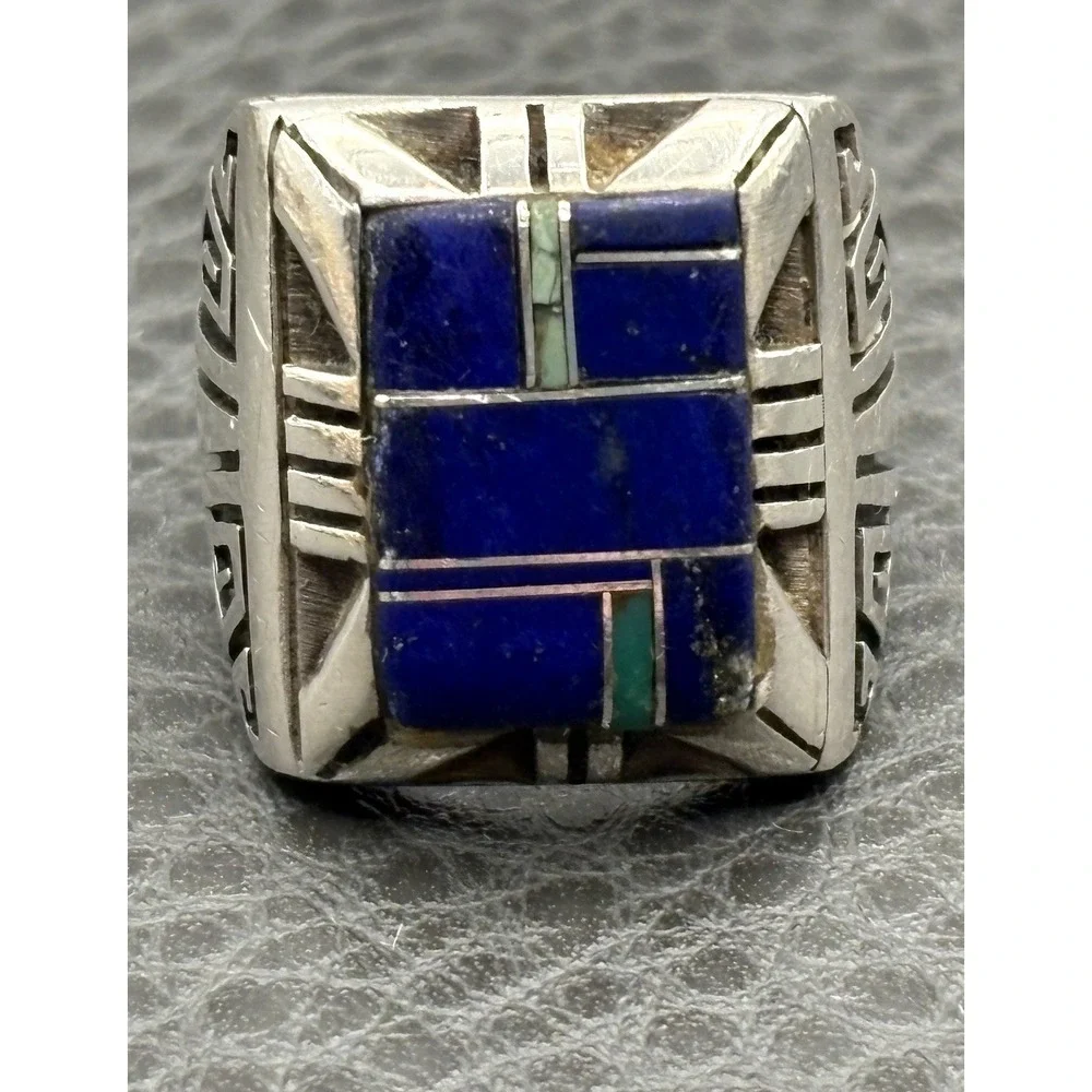 Vintage Sterling Silver Lapis Lazuli Malachite Inlay Heavy Chunky Ring Size 8.5